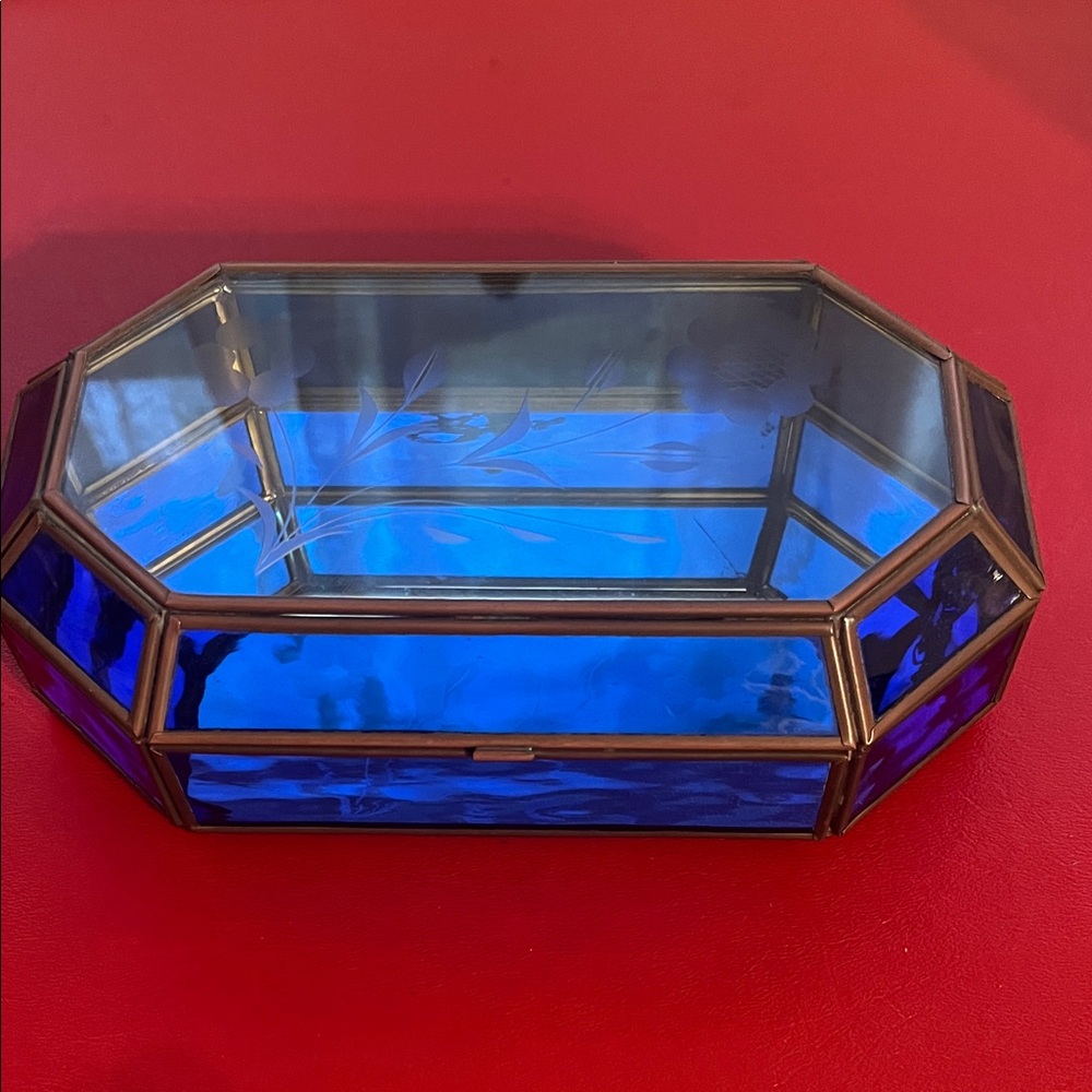 Blue Glass Jewelry Trinket Box with Etched Lid